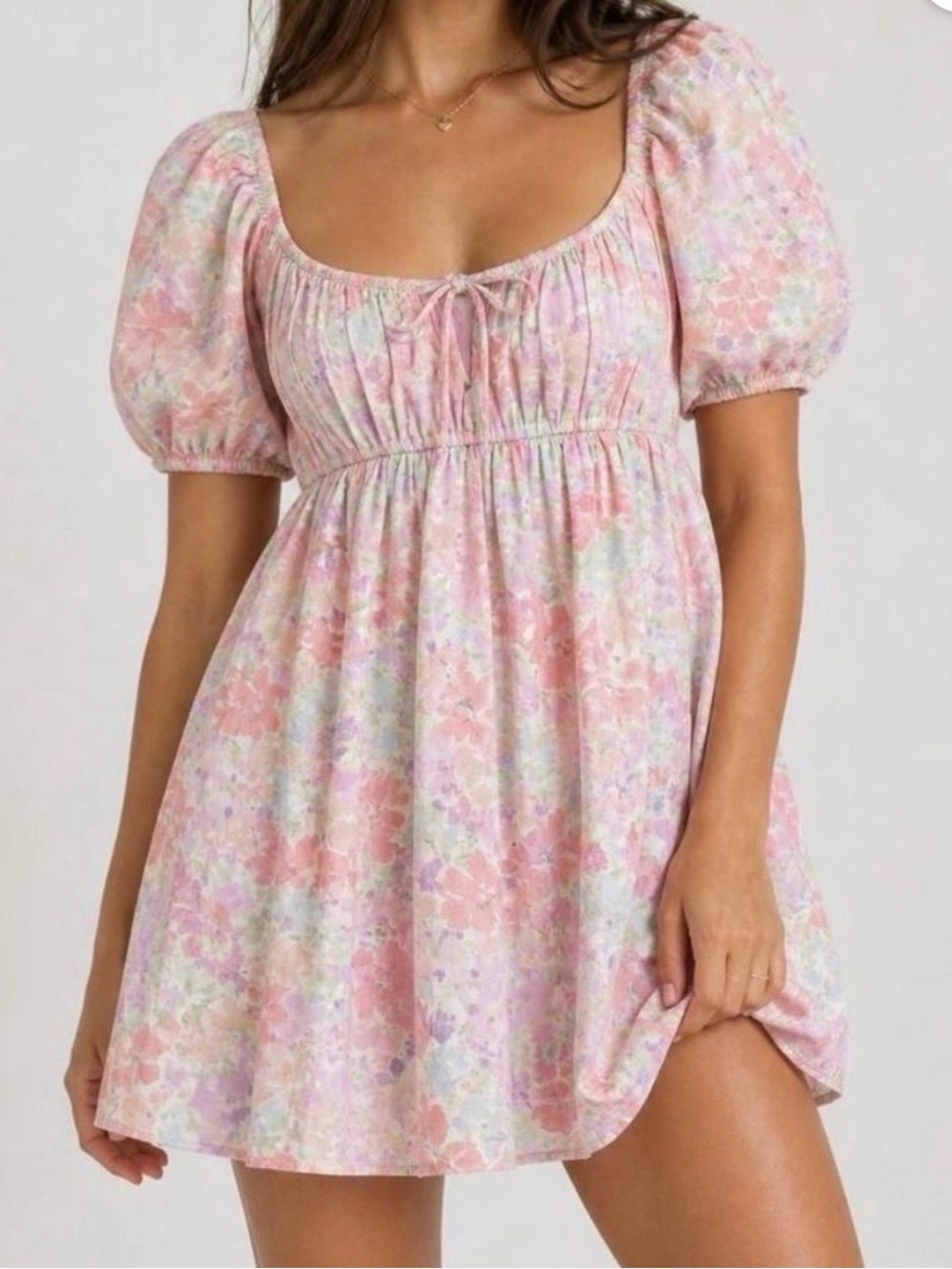 For Love And Lemons Kennedy Mini Dress Pink Floral Puff-Sleeve Babydoll Chemise